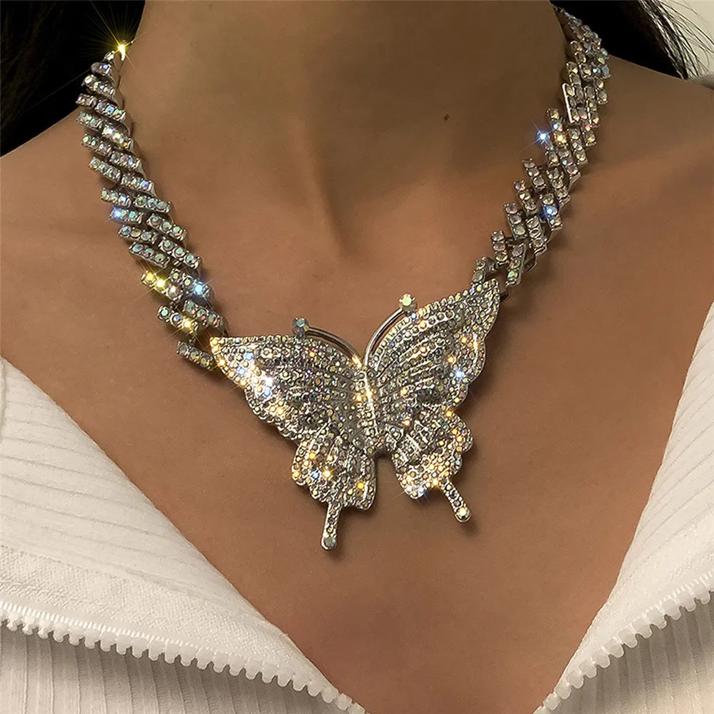 Cosysail Shiny Iced-Out Miami Cuban Link Chain Necklace – Rhinestone Butterfly Pendant for Women