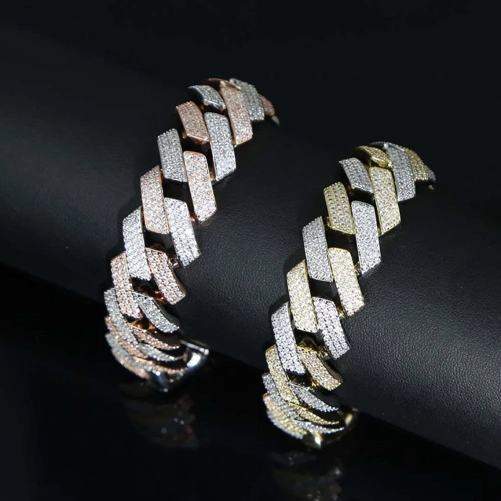 Cubic Zirconia Two Tone Triple Row 19MM Width Cuban Link Chain Bracelet Necklace For Men Boy