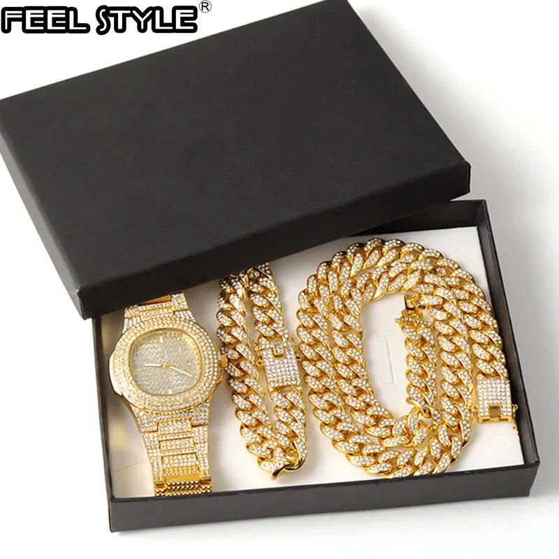 Hip-Hop Jewelry Set: Gold-Plated Cuban Chain Necklace, Watch & Bracelet – Full Iced-Out Bling for Men