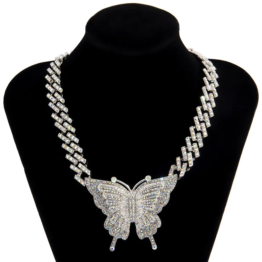 Cosysail Shiny Iced-Out Miami Cuban Link Chain Necklace – Rhinestone Butterfly Pendant for Women