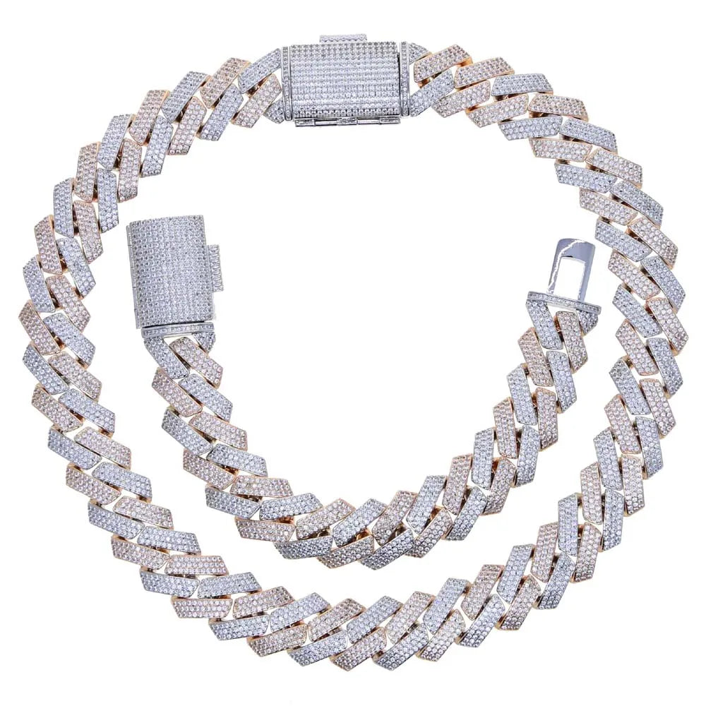 Cubic Zirconia Two Tone Triple Row 19MM Width Cuban Link Chain Bracelet Necklace For Men Boy