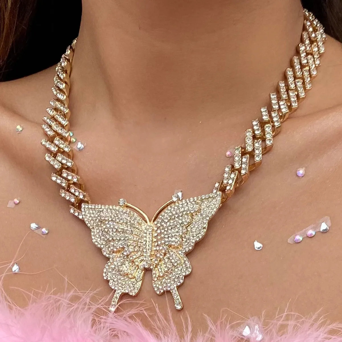 Cosysail Shiny Iced-Out Miami Cuban Link Chain Necklace – Rhinestone Butterfly Pendant for Women