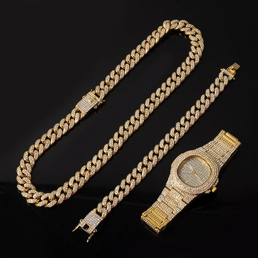 Hip-Hop Jewelry Set: Gold-Plated Cuban Chain Necklace, Watch & Bracelet – Full Iced-Out Bling for Men