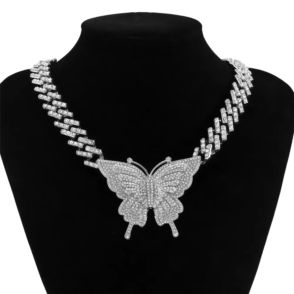 Cosysail Shiny Iced-Out Miami Cuban Link Chain Necklace – Rhinestone Butterfly Pendant for Women