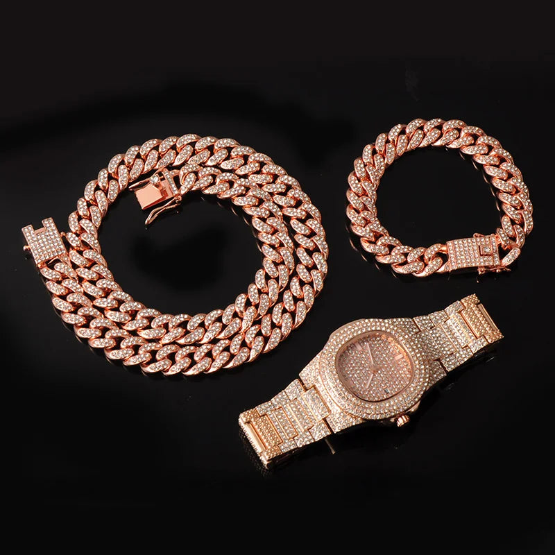 Hip-Hop Jewelry Set: Gold-Plated Cuban Chain Necklace, Watch & Bracelet – Full Iced-Out Bling for Men