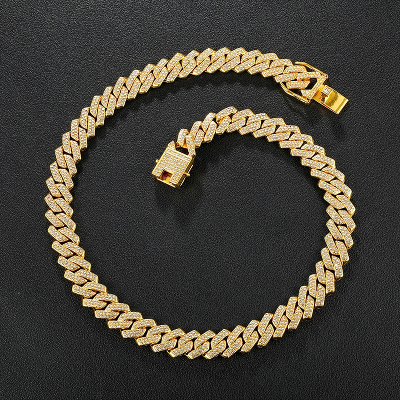 Hip-Hop Jewelry Set: Gold-Plated Cuban Chain Necklace, Watch & Bracelet – Full Iced-Out Bling for Men