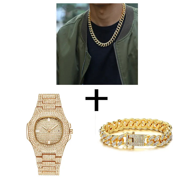 Hip-Hop Jewelry Set: Gold-Plated Cuban Chain Necklace, Watch & Bracelet – Full Iced-Out Bling for Men