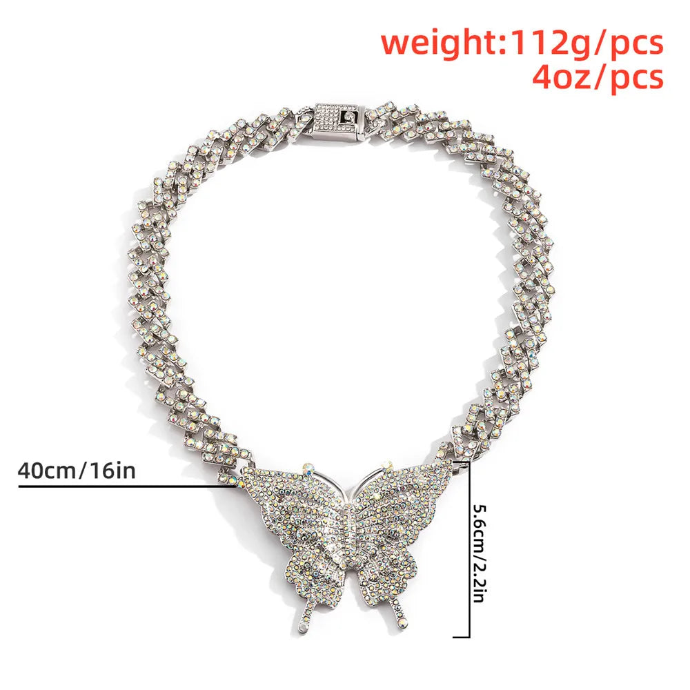 Cosysail Shiny Iced-Out Miami Cuban Link Chain Necklace – Rhinestone Butterfly Pendant for Women