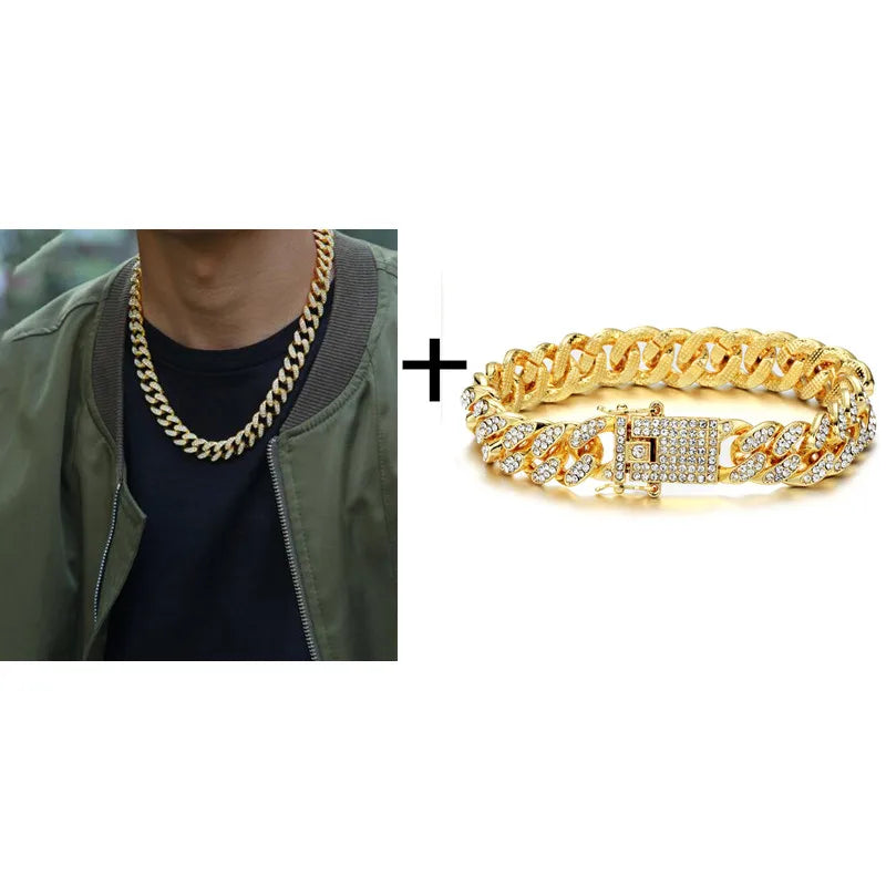 Hip-Hop Jewelry Set: Gold-Plated Cuban Chain Necklace, Watch & Bracelet – Full Iced-Out Bling for Men