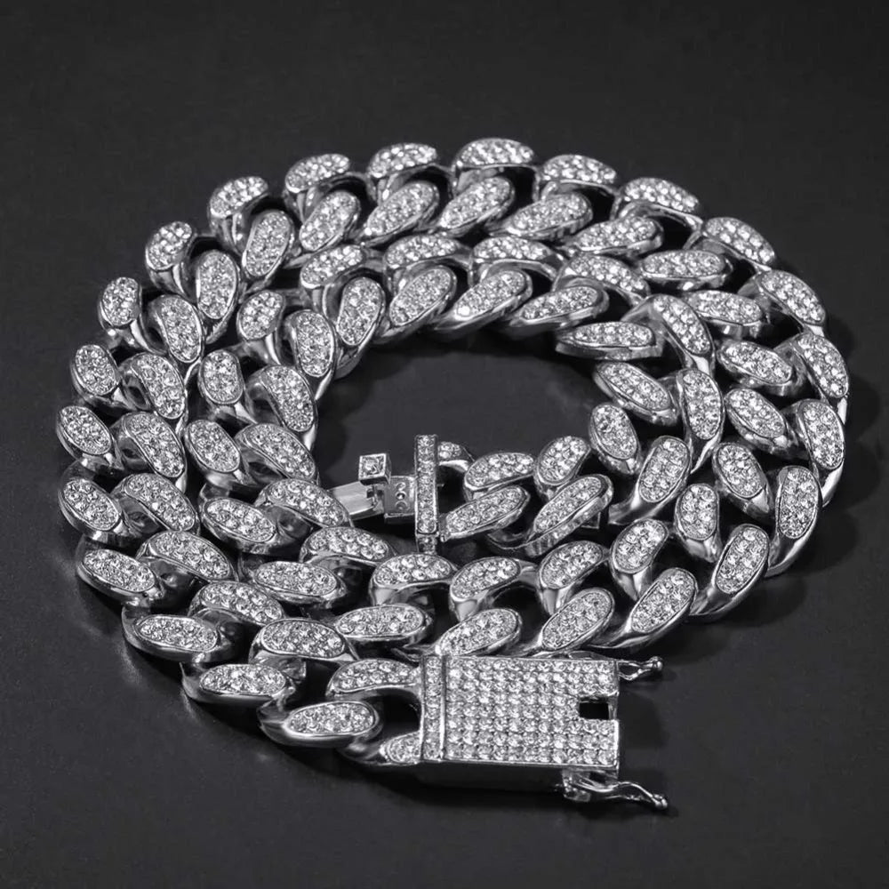 Hip-Hop Bling Iced-Out Miami Cuban Chain Necklace & Bracelet Set – 20mm Luxury Jewelry for Men & Women