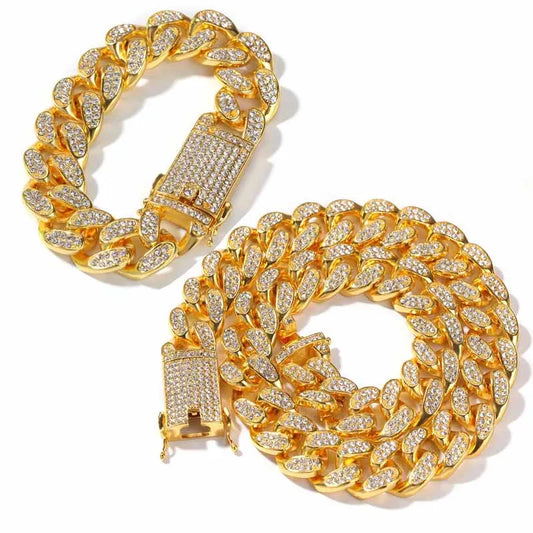 Hip-Hop Bling Iced-Out Miami Cuban Chain Necklace & Bracelet Set – 20mm Luxury Jewelry for Men & Women