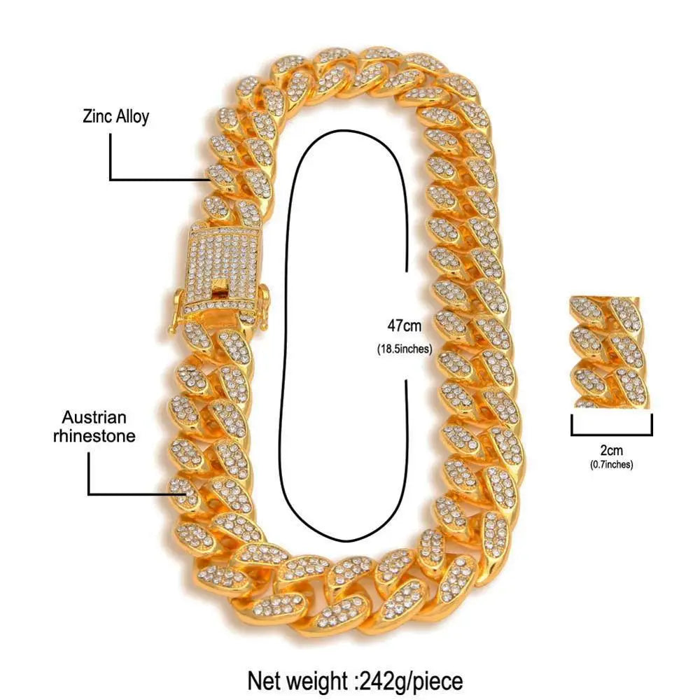 Hip-Hop Bling Iced-Out Miami Cuban Chain Necklace & Bracelet Set – 20mm Luxury Jewelry for Men & Women