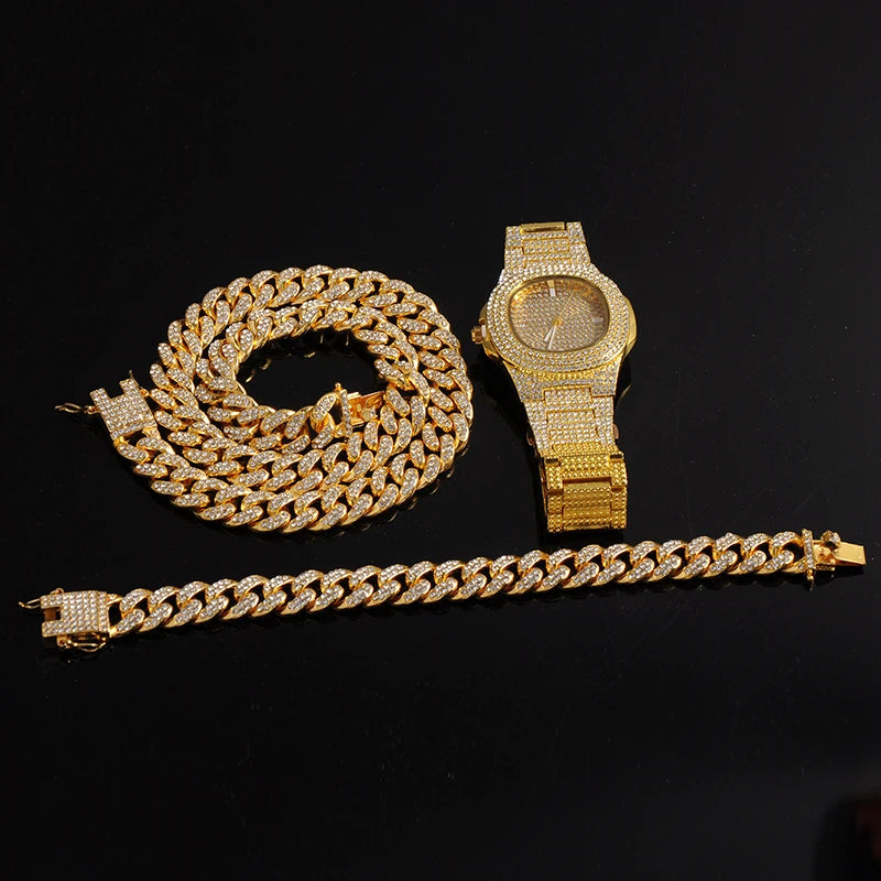 Hip-Hop Jewelry Set: Gold-Plated Cuban Chain Necklace, Watch & Bracelet – Full Iced-Out Bling for Men