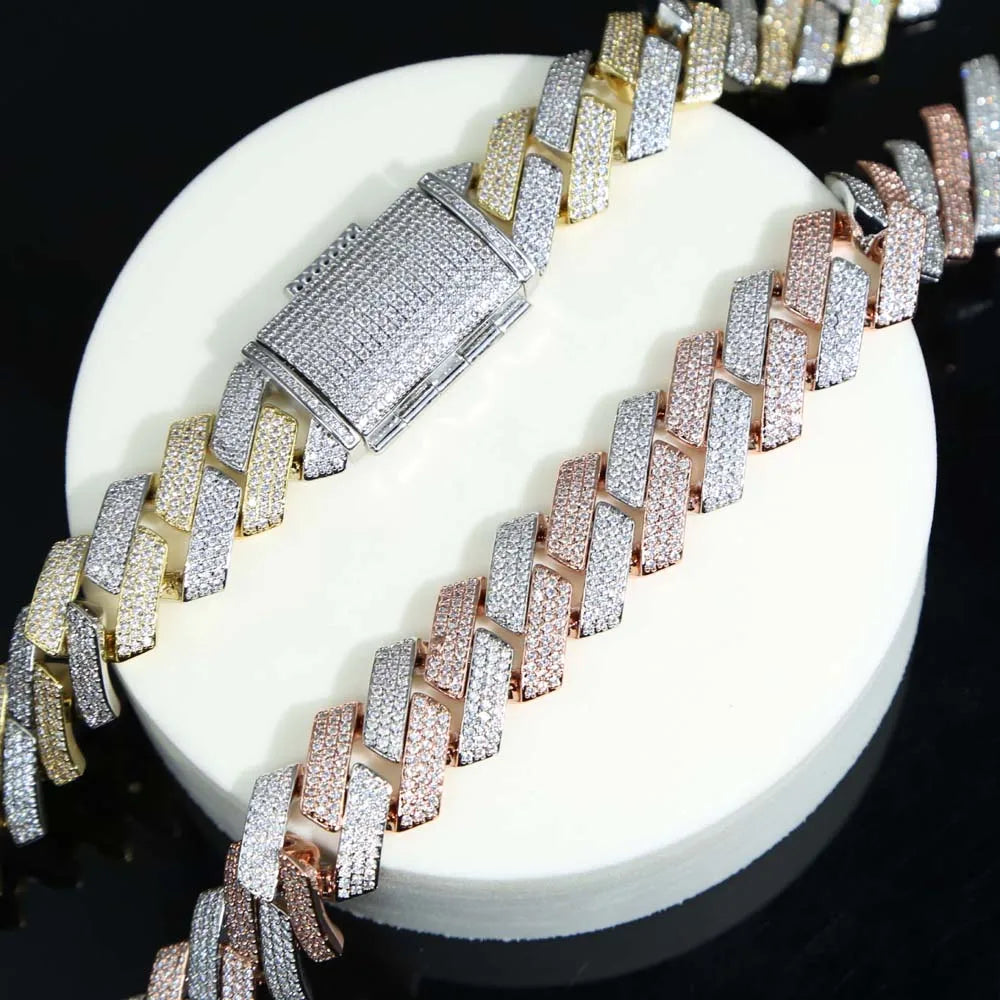 Cubic Zirconia Two Tone Triple Row 19MM Width Cuban Link Chain Bracelet Necklace For Men Boy