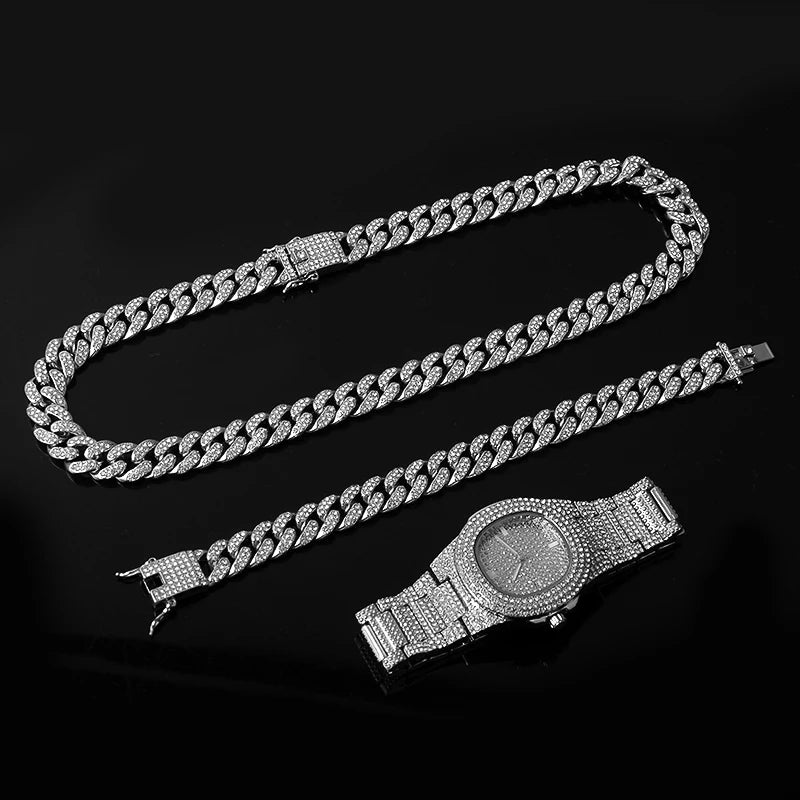 Hip-Hop Jewelry Set: Gold-Plated Cuban Chain Necklace, Watch & Bracelet – Full Iced-Out Bling for Men