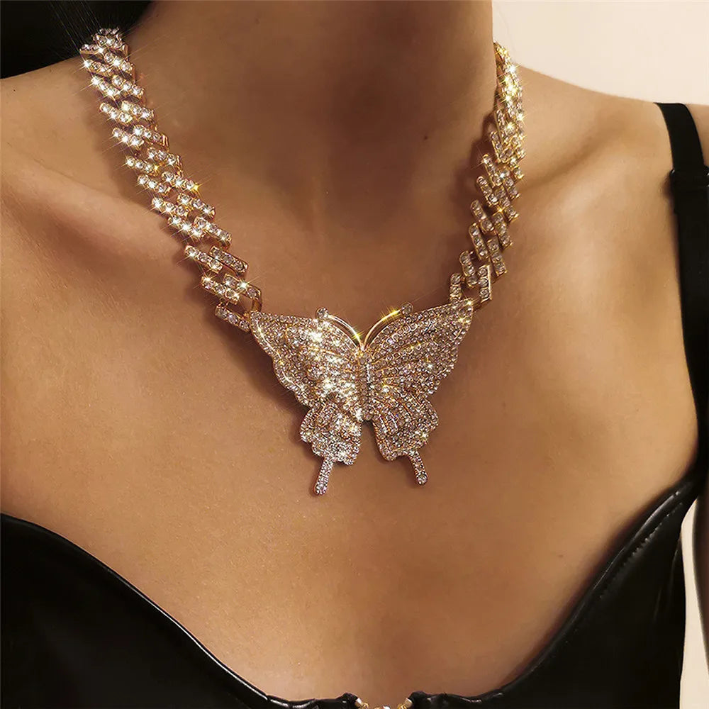 Cosysail Shiny Iced-Out Miami Cuban Link Chain Necklace – Rhinestone Butterfly Pendant for Women