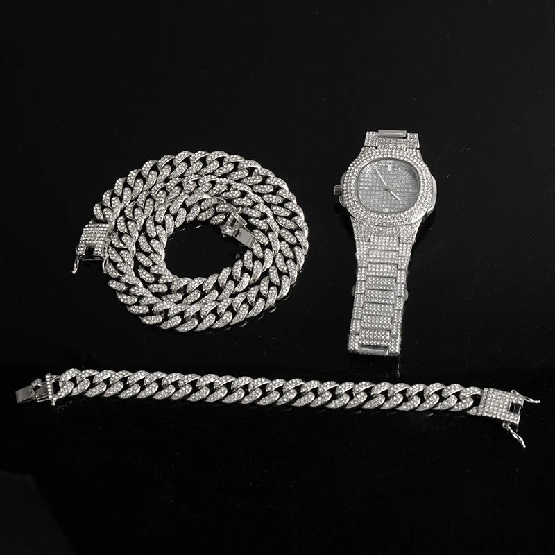 Hip-Hop Jewelry Set: Gold-Plated Cuban Chain Necklace, Watch & Bracelet – Full Iced-Out Bling for Men