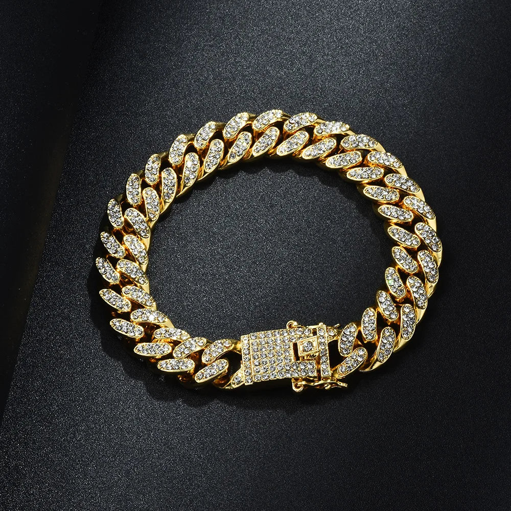 Hip-Hop Jewelry Set: Gold-Plated Cuban Chain Necklace, Watch & Bracelet – Full Iced-Out Bling for Men