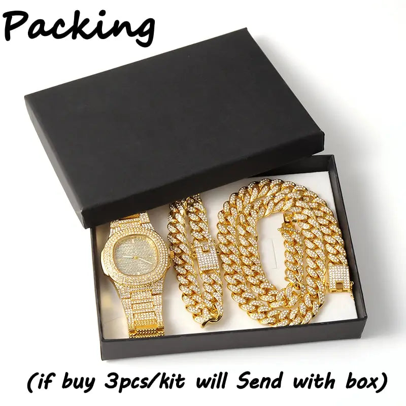 Hip-Hop Jewelry Set: Gold-Plated Cuban Chain Necklace, Watch & Bracelet – Full Iced-Out Bling for Men