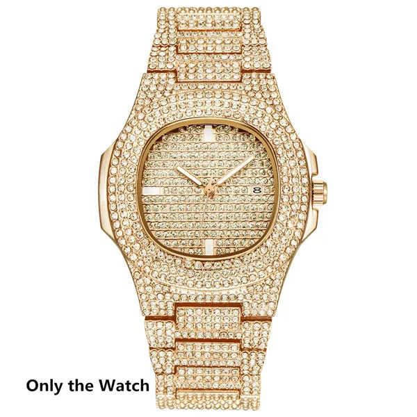 Hip-Hop Jewelry Set: Gold-Plated Cuban Chain Necklace, Watch & Bracelet – Full Iced-Out Bling for Men