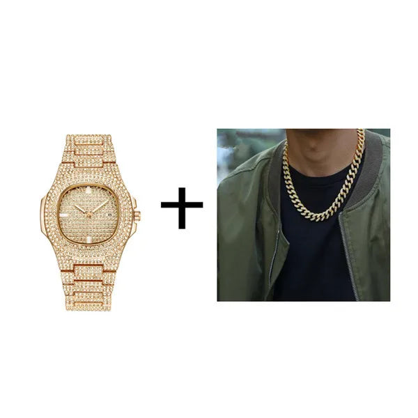 Hip-Hop Jewelry Set: Gold-Plated Cuban Chain Necklace, Watch & Bracelet – Full Iced-Out Bling for Men