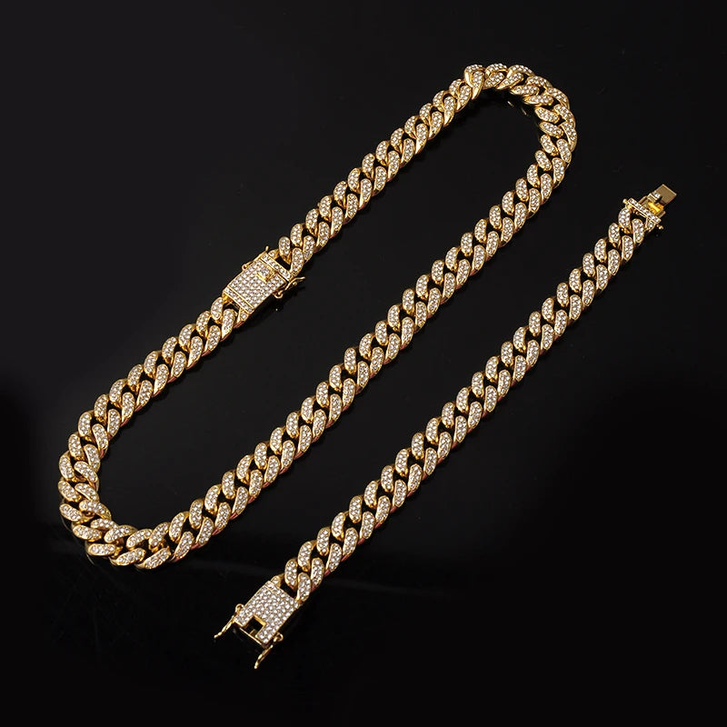 Hip-Hop Jewelry Set: Gold-Plated Cuban Chain Necklace, Watch & Bracelet – Full Iced-Out Bling for Men