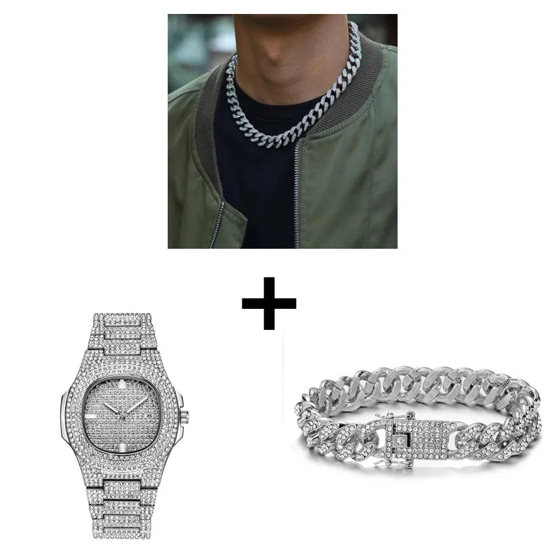 Hip-Hop Jewelry Set: Gold-Plated Cuban Chain Necklace, Watch & Bracelet – Full Iced-Out Bling for Men