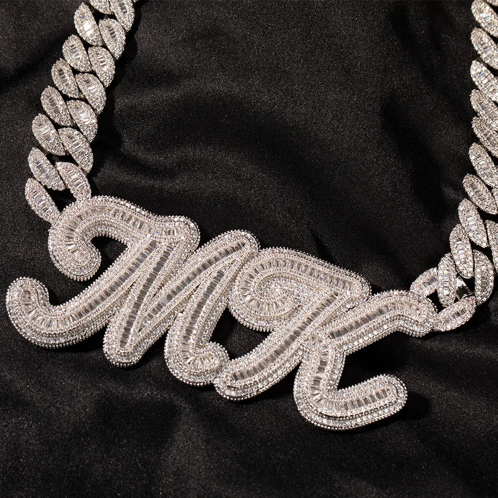 Uwin Custom Letters Pendant Welding 16mm Moon Cuban Chain Iced Out Baguette Cubic Zircon Name Necklace Fashion Rapper Jewelry