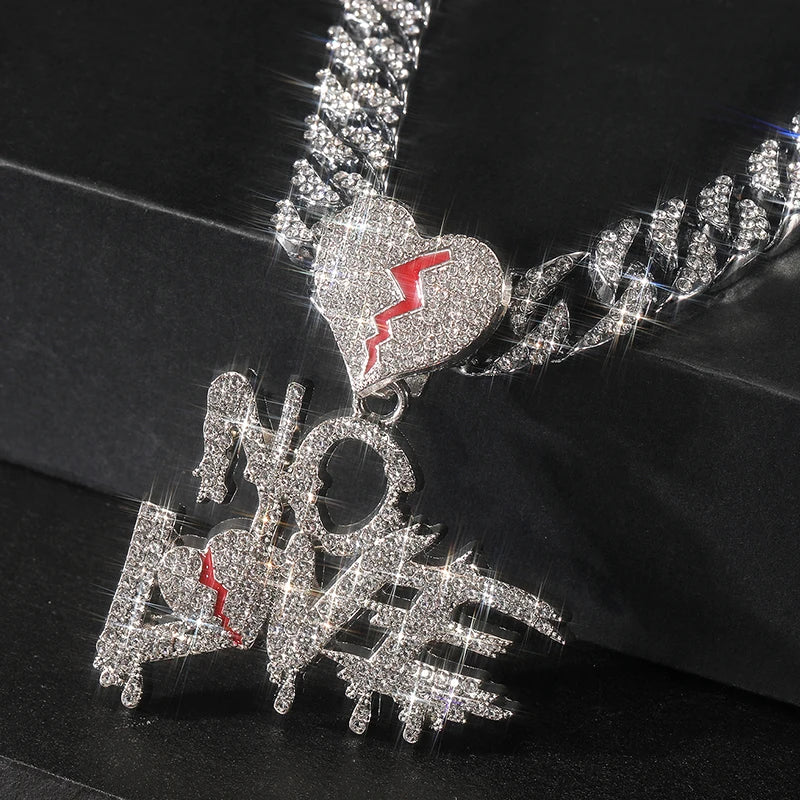 Men's Rhinestone Cracked Love Heart No Love Pendant Hip Hop Necklace