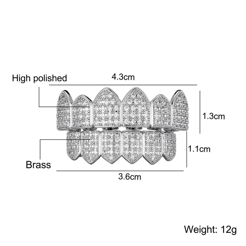 Feel Style Full CZ Teeth Grillz Set – Unisex Cubic Zirconia Top & Bottom Hip-Hop Jewelry