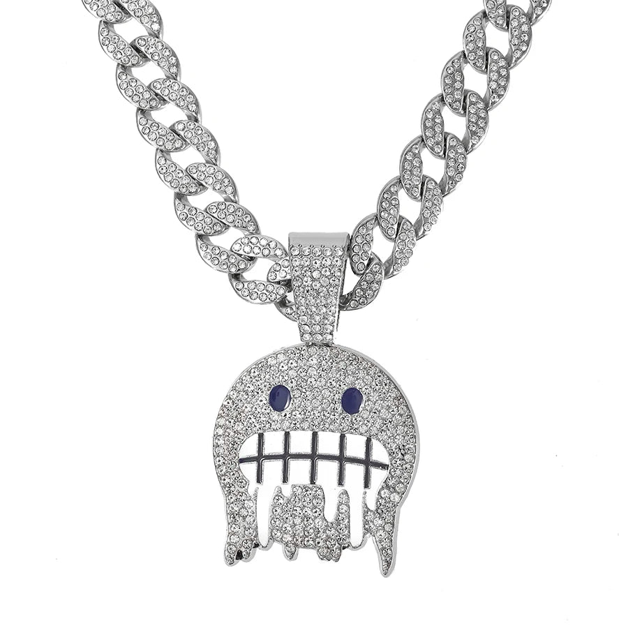 Cuban Chain With Hip Hop Alloy And Bling Rhinestone Cold Face Pendant Choker Necklace