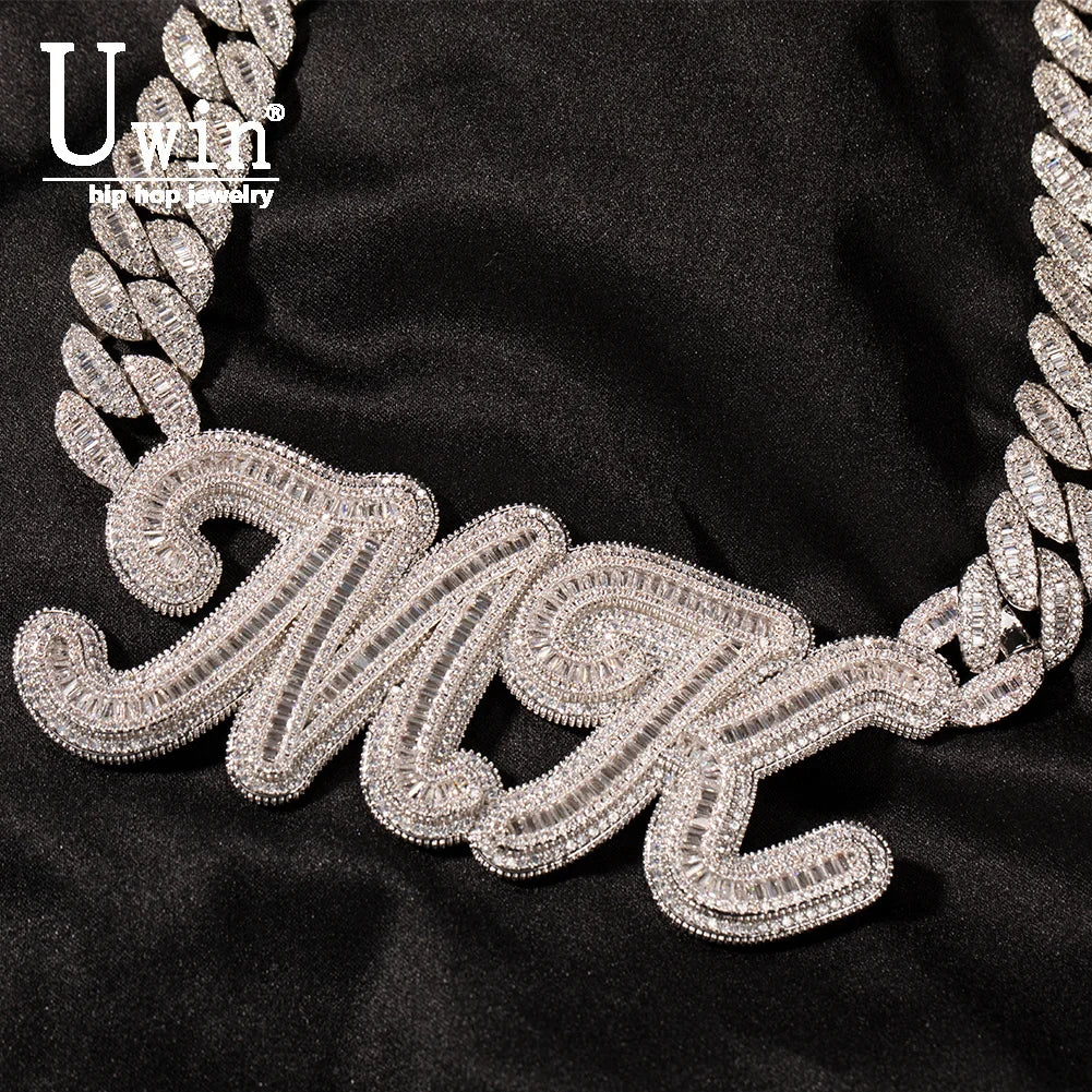 Uwin Custom Letters Pendant Welding 16mm Moon Cuban Chain Iced Out Baguette Cubic Zircon Name Necklace Fashion Rapper Jewelry