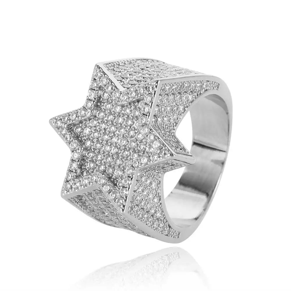 Silver Hexagram Star Ring – Iced Out Cubic Zirconia Punk Band