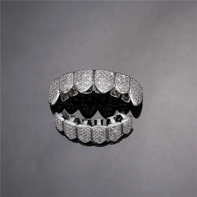 Feel Style Full CZ Teeth Grillz Set – Unisex Cubic Zirconia Top & Bottom Hip-Hop Jewelry