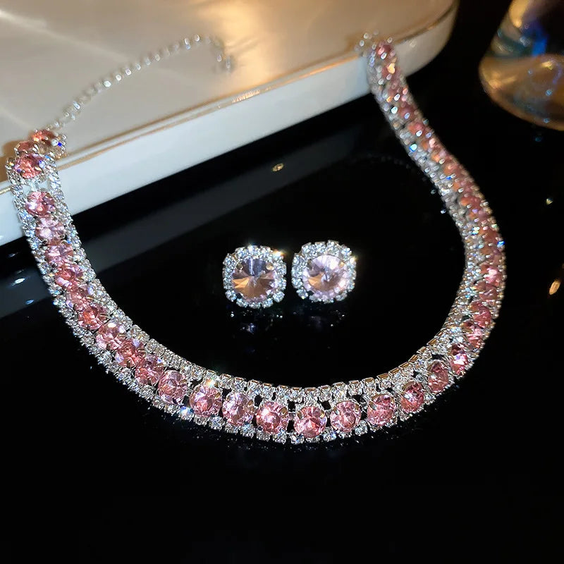 Colorful  Rhinestone Zircon Necklace Earrings Set Commuter French Temperament Choker Necklaces Dopamine Jewelry Sets Wedding