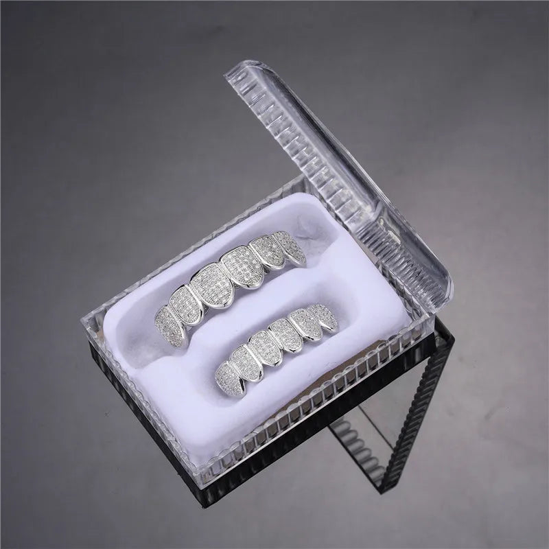 Feel Style Cool Teeth Grillz Set – Unisex Cubic Zirconia Top & Bottom Hip Hop Jewelry