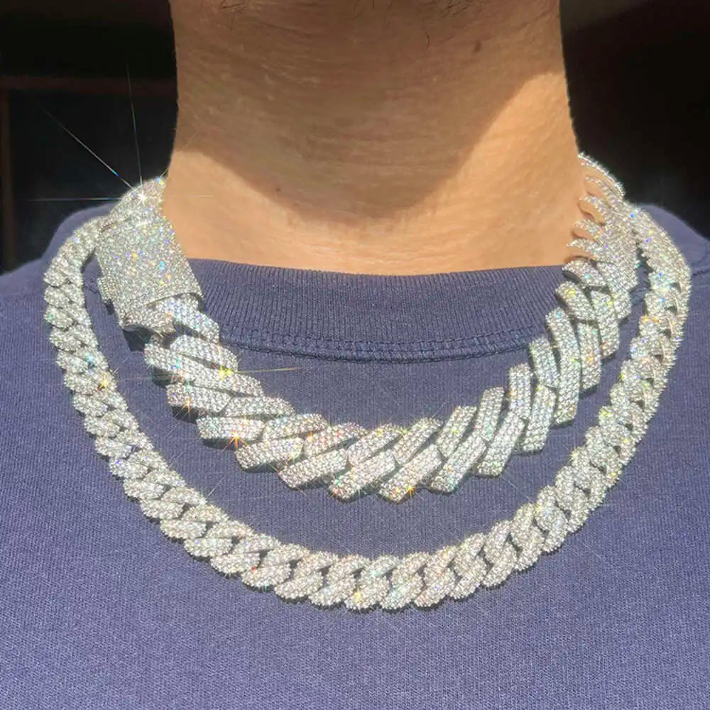 15mm 20mm Heavy Cuban Chain 3row Moissanite with 925 Sterling Silver Ice Out Hop Necklace Cuban Link Chain for Men