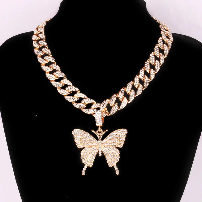 Cosysail Shiny Iced-Out Miami Cuban Link Chain Necklace – Rhinestone Butterfly Pendant for Women