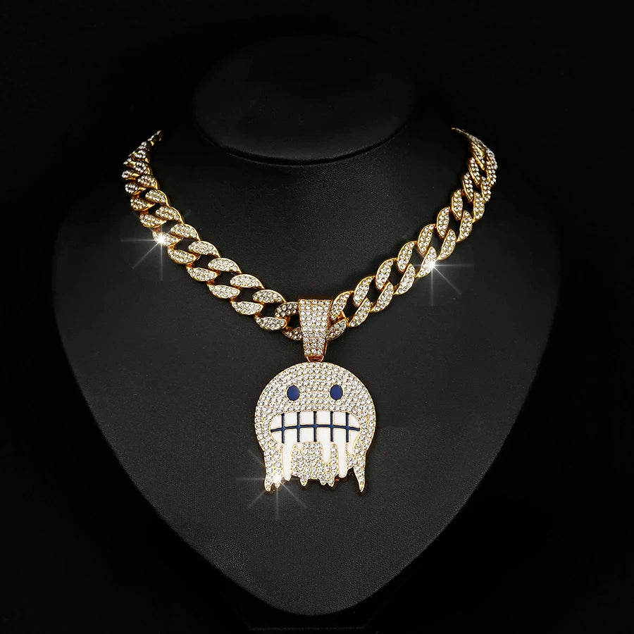 Cuban Chain With Hip Hop Alloy And Bling Rhinestone Cold Face Pendant Choker Necklace