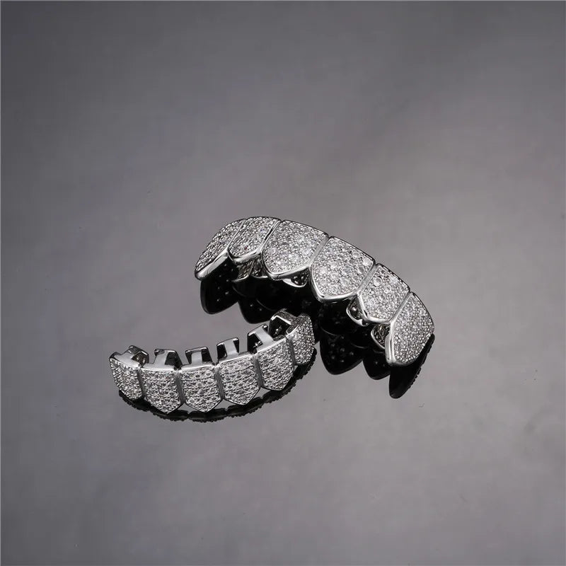 Feel Style Full CZ Teeth Grillz Set – Unisex Cubic Zirconia Top & Bottom Hip-Hop Jewelry