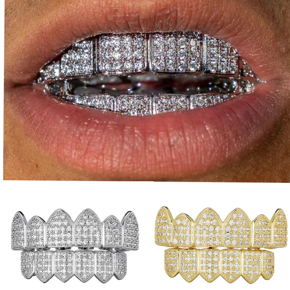 Feel Style Full CZ Teeth Grillz Set – Unisex Cubic Zirconia Top & Bottom Hip-Hop Jewelry