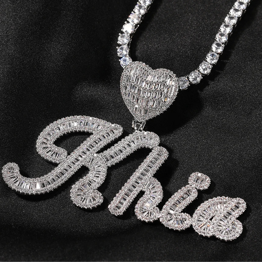 UWIN Custom Solid Baguettecz Letters Pendant Ice Out Cubic Zirconia Name Necklace with Heart Bezel Fashion Hip Hop Jewelry