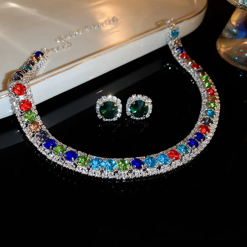 Colorful  Rhinestone Zircon Necklace Earrings Set Commuter French Temperament Choker Necklaces Dopamine Jewelry Sets Wedding