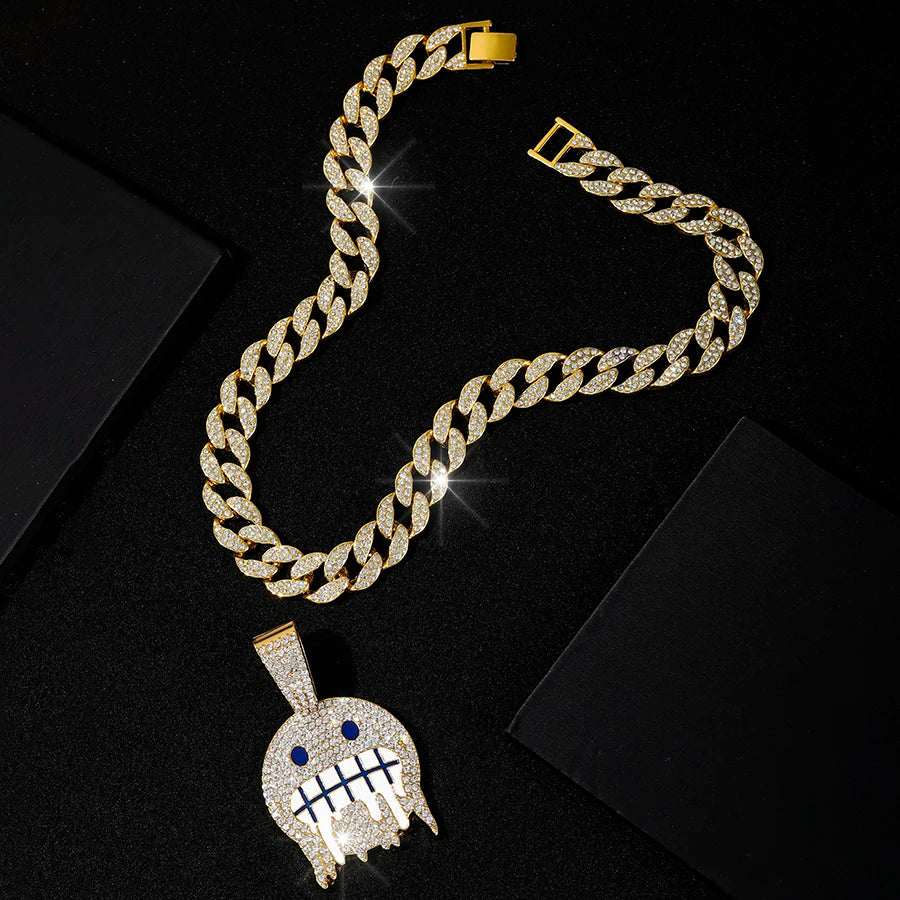 Cuban Chain With Hip Hop Alloy And Bling Rhinestone Cold Face Pendant Choker Necklace