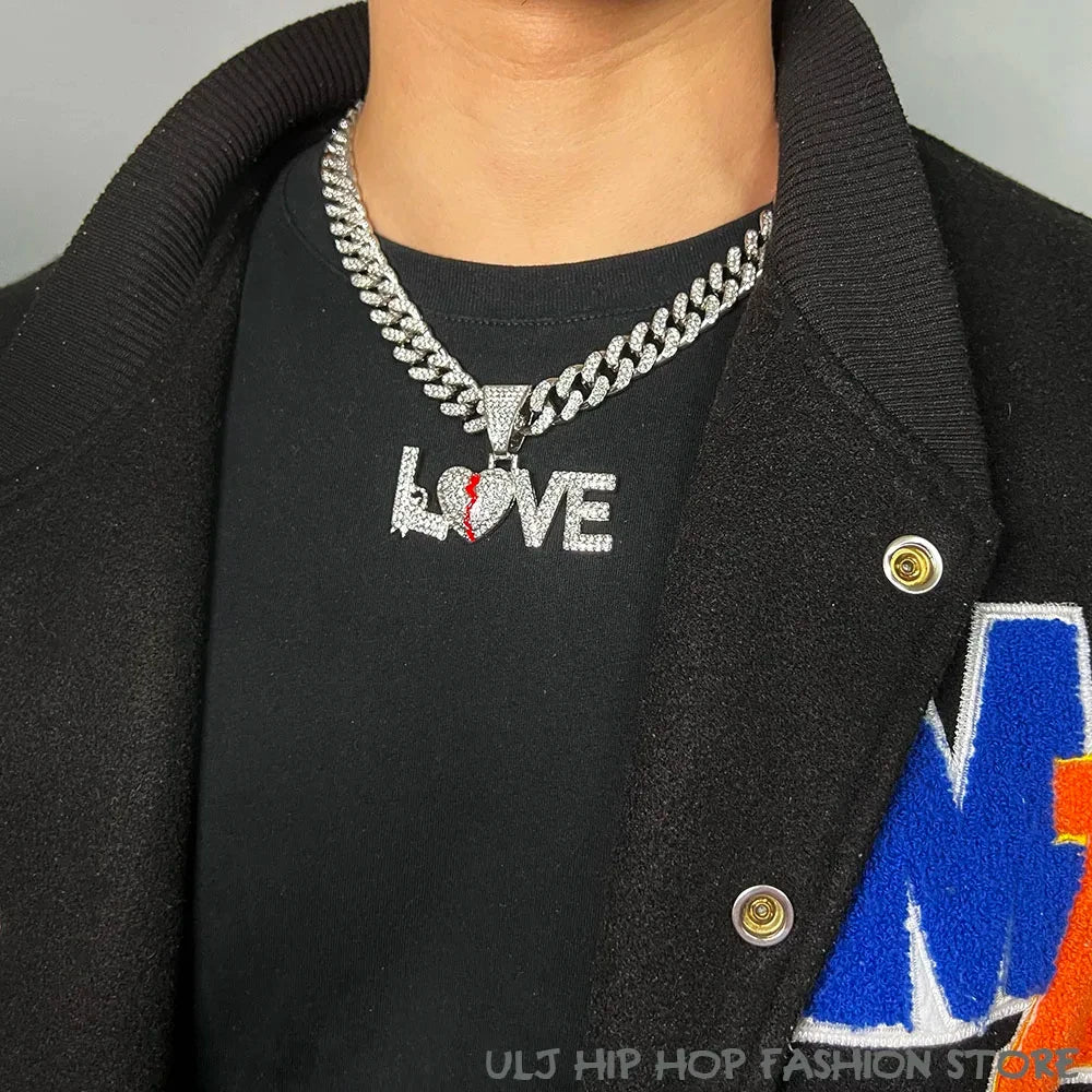 Cuban Miami Chains NO LOVE Pendants Necklace for Men and Women Heart Broken Statement Iced Out Jewelry