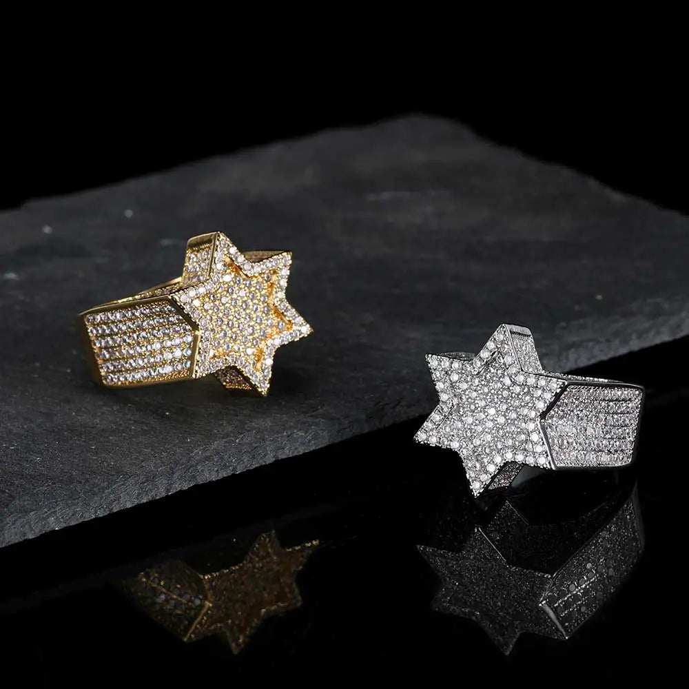 Silver Hexagram Star Ring – Iced Out Cubic Zirconia Punk Band