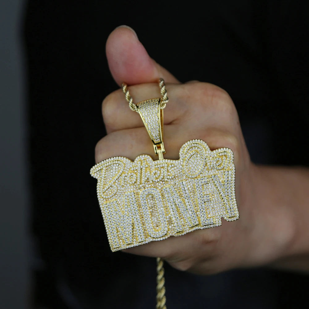 New Hip-Hop 'Brothers Over Money' Pendant Necklace – Gold Iced-Out Bling with CZ Letters for Men & Women