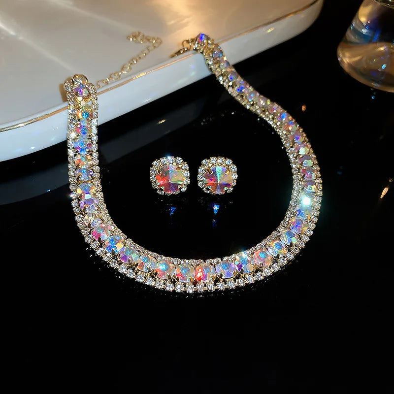 Colorful  Rhinestone Zircon Necklace Earrings Set Commuter French Temperament Choker Necklaces Dopamine Jewelry Sets Wedding