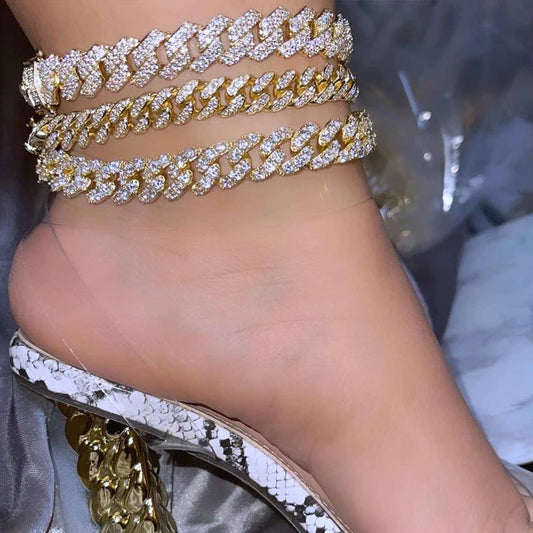 Cuban Chain Anklets For Women Luxury Rhinestone Link Ankle Bracelet Beach Barefoot Jewelry