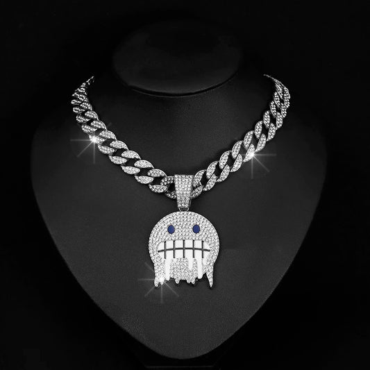 Cuban Chain With Hip Hop Alloy And Bling Rhinestone Cold Face Pendant Choker Necklace